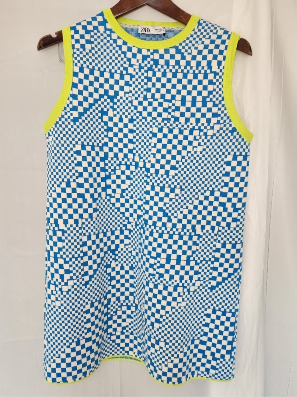 Blue and Cream Checkerboard Sleeveless Mini Dress